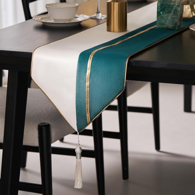 Avigers Table Runner 12 x 59 Inch, Emerald Green White, Tassels | Faux Silk by Avigers