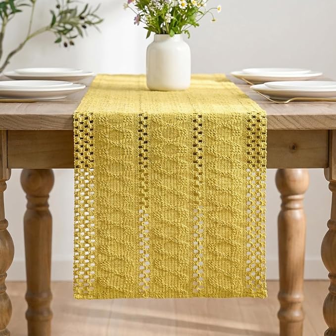 Artoid Mode Yellow Woven Farmhouse Hollow Table Runner 12x120 Inch | Holiday - Image 3