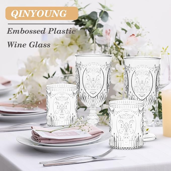 Qinyoung 100 Plastic Vintage Drinking Glasses 8.5oz Stemless Retro Embossed - Image 7