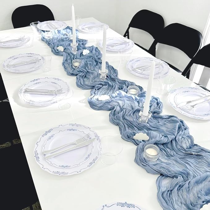 10 Pack Dusty Blue Cheesecloth Table Runner 35x120 Inch, Boho Rustic Semi Sheer - Image 8