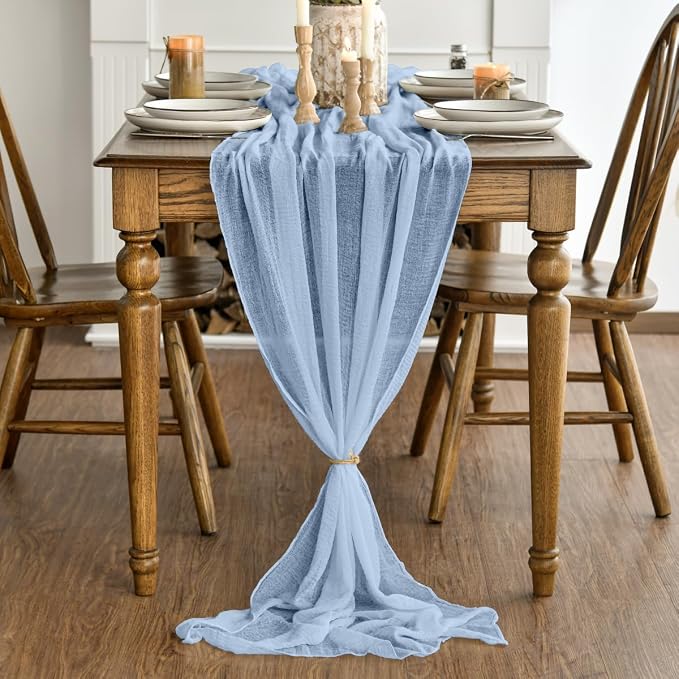 Artoid Mode Boho Cheesecloth Gauze Ice Blue Wedding Table Runner, 120 Inch - Image 2