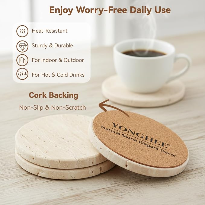 Natural Travertine Stone Coasters Set of 8, Warm Beige, Cork Backing, Stylish & - Image 5