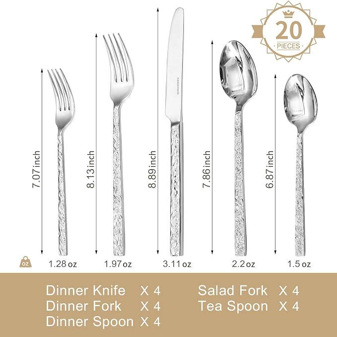 20 Pcs Hammered Silverware Set for 4, 18/10 Stainless Steel Heavy Duty Flatware - Image 2