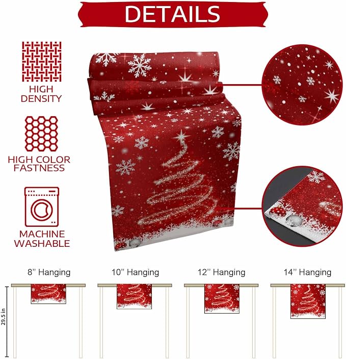 Red Christmas Table Runner 120 Inches Long, Xmas Tree Balls Snowflake Table - Image 7
