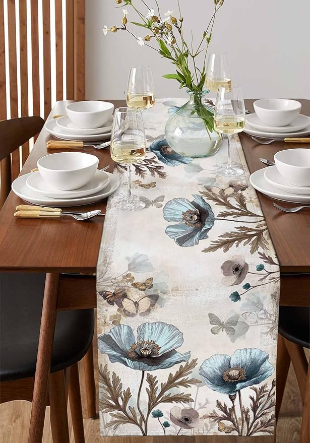 Vintage Tulip Flowers Table Runners 72 Inches Long, Cotton Linen Fabric Table - Image 2