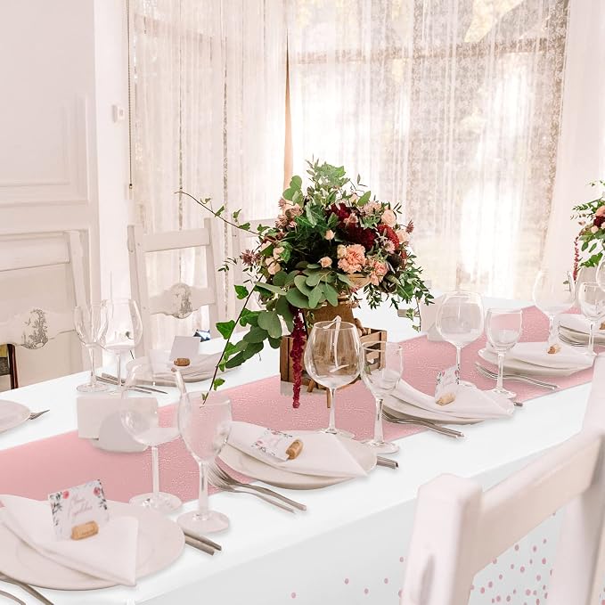 12 Pack Disposable Plastic Tablecloths and Satin Table Runner Set White and - Image 4
