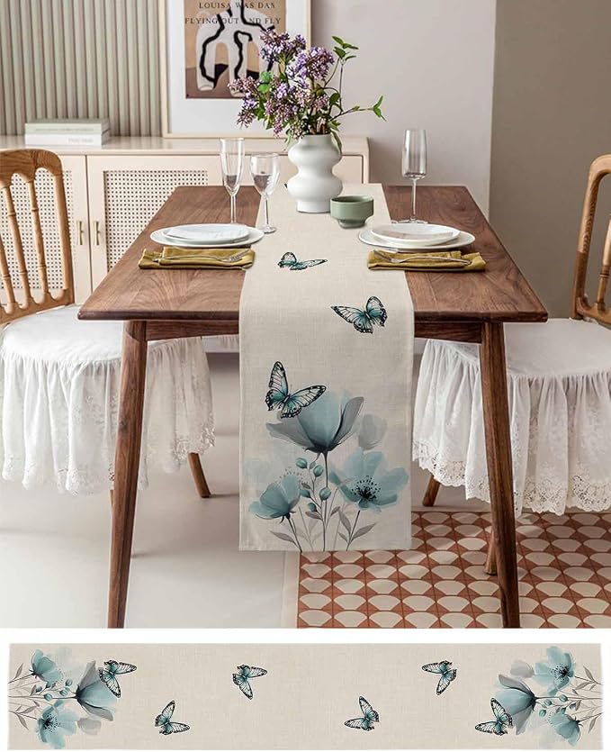 Turquoise Floral Table Runners 72 Inches Long, Spring Flowers Butterfly Table - Image 6