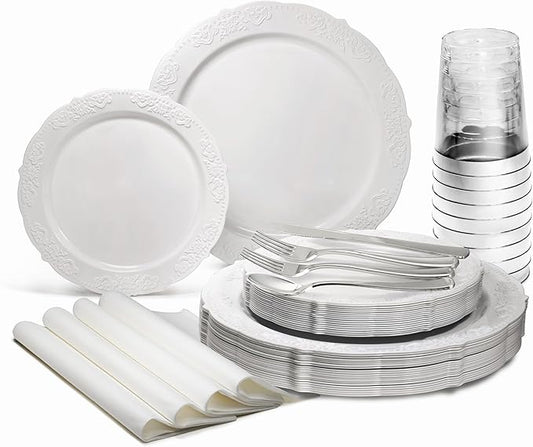 " OCCASIONS " 200 Piece set-Vintage Wedding Party Disposable Plastic Plates & by OCCASIONSFINESTPLASTICTABLEWARE