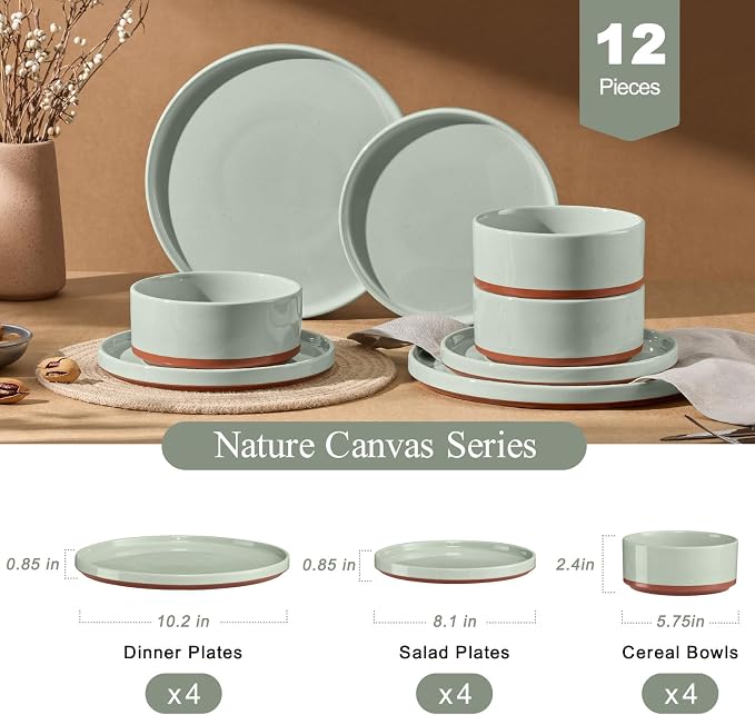 LIANYU 12 Piece Dinnerware Set for 4, Modern Style Stoneware Dinnerware Set | - Image 2