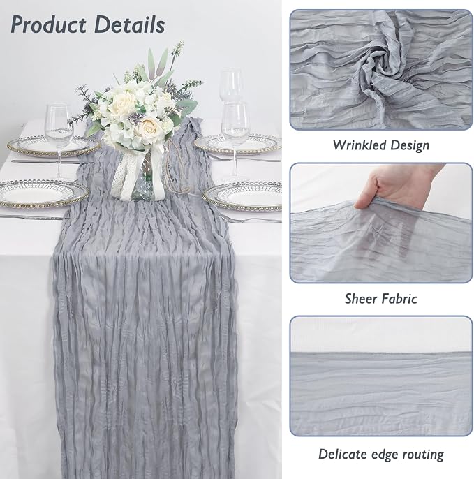 3 Pack Grey Cheesecloth Table Runner 120 Inch Boho Wedding Decor | Cheesecloth - Image 3