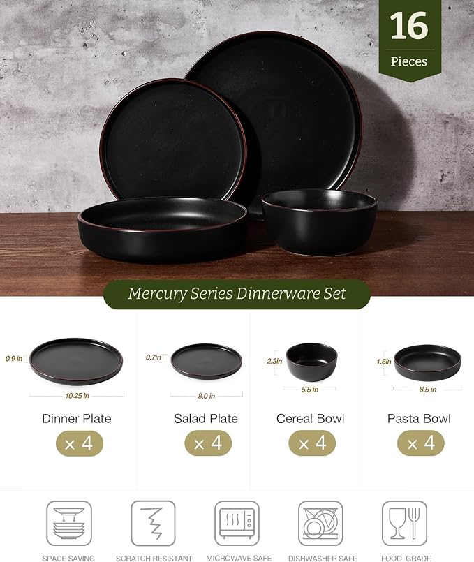 Famiware Mercury 16-Piece Stoneware Plates and Bowls, Matte Black | Dinnerware - Image 2