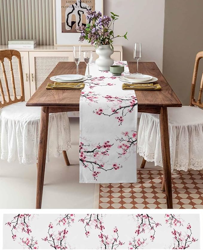 Pink Cherry Flowers Short Table Runners 48 Inches, Cotton Linen Fabric Table - Image 6