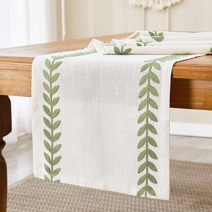 Embroidered Table Runner, Light Green Table Runners 48 Inches Long | Linen - Image 5