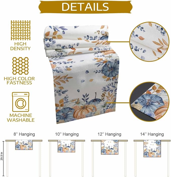 Blue Pumpkin Fall Table Runner 72 Inches Long, Thanksgiving Floral Eucalyptus - Image 8
