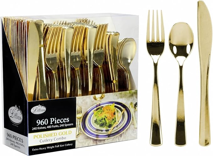 960 Piece Gold Plastic Silverware, Extra Heavyweight Disposable Cutlery Set by Lillian
