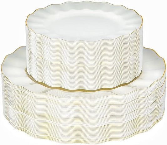 72PCS Ivory White Plastic Plates, Wavy Plates by QualQuot