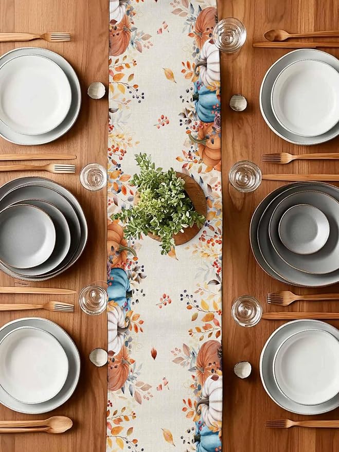 Orange Blue Pumpkin Fall Table Runner 48 Inches Long, Thanksgiving Eucalyptus - Image 7
