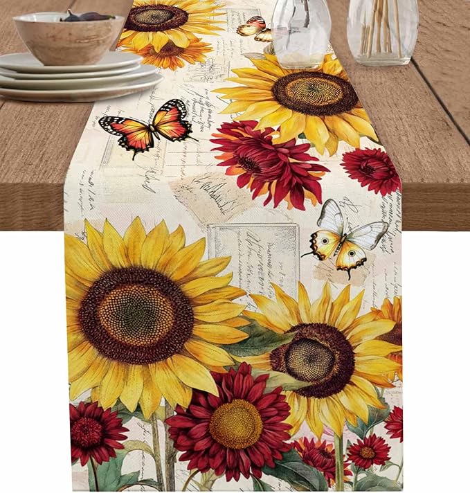Sunflower Farmhouse Table Runners 120 Inches Long, Spring Summer Retro Table by Unknown