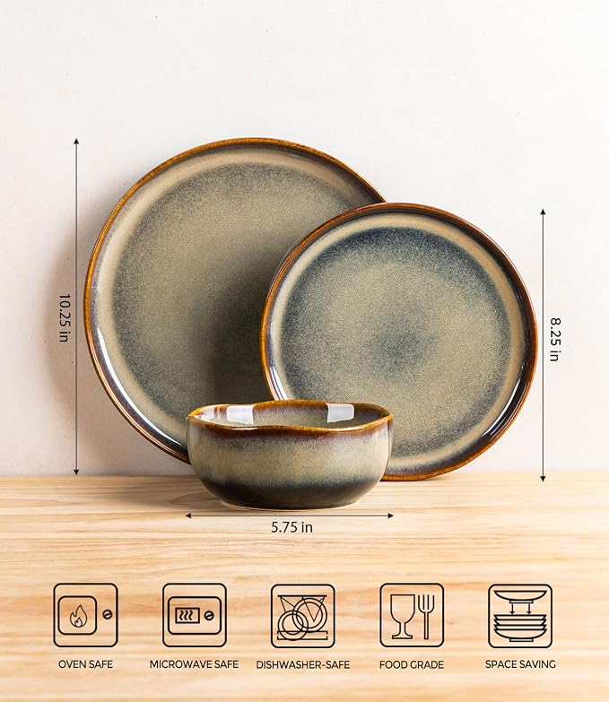 Ceramic Dinnerware Set for 4, 12-Piece Plates and Bowls Set | Handmade Reactive - Image 8