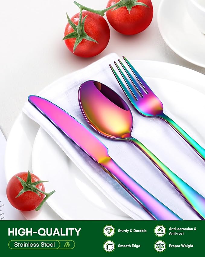 PHILIPALA 40 Piece Rainbow Silverware Set, Stainless Steel Flatware Set - Image 3