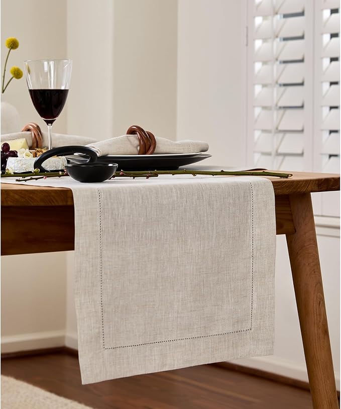 Solino Home 100% Linen Table Runner Natural, Classic Hemstitch 14 x 108 in | - Image 2