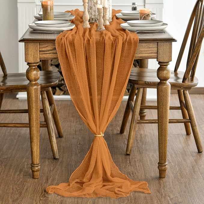 Artoid Mode Boho Cheesecloth Gauze Orange Wedding Table Runner, 120 Inch - Image 3