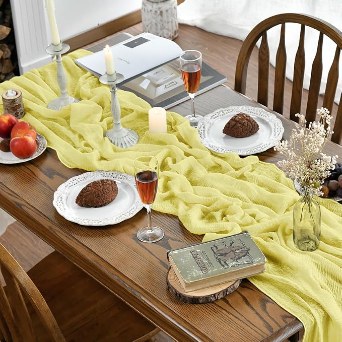 Artoid Mode Boho Light Yellow Gauze Wedding Table Runner, 120 Inch Seasonal - Image 4