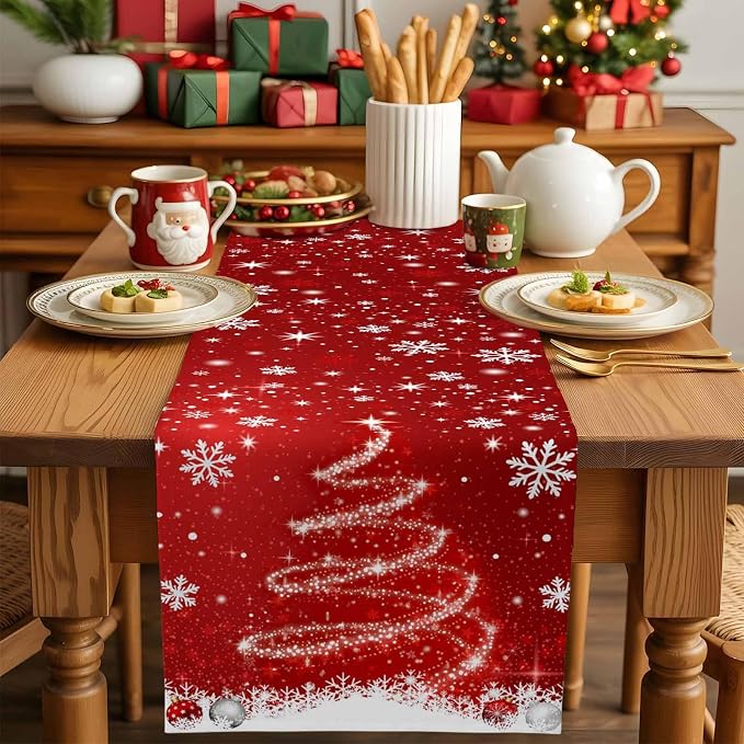 Red Christmas Table Runner 108 Inches Long, Xmas Tree Balls Snowflake Table - Image 5