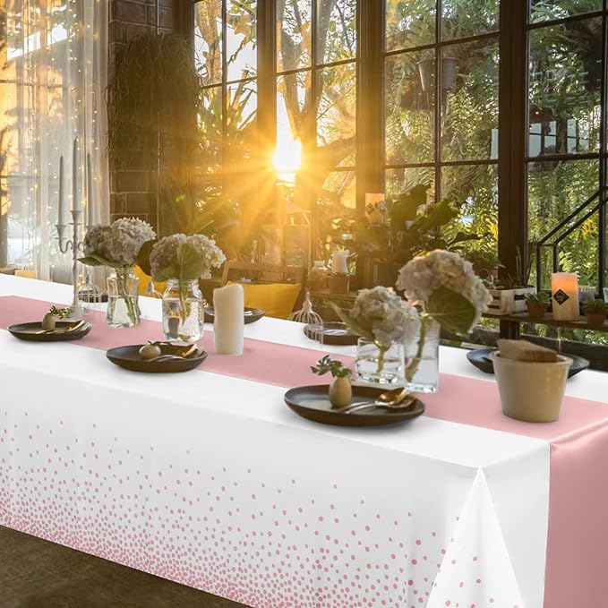 12 Pack Disposable Plastic Tablecloths and Satin Table Runner Set White and - Image 7