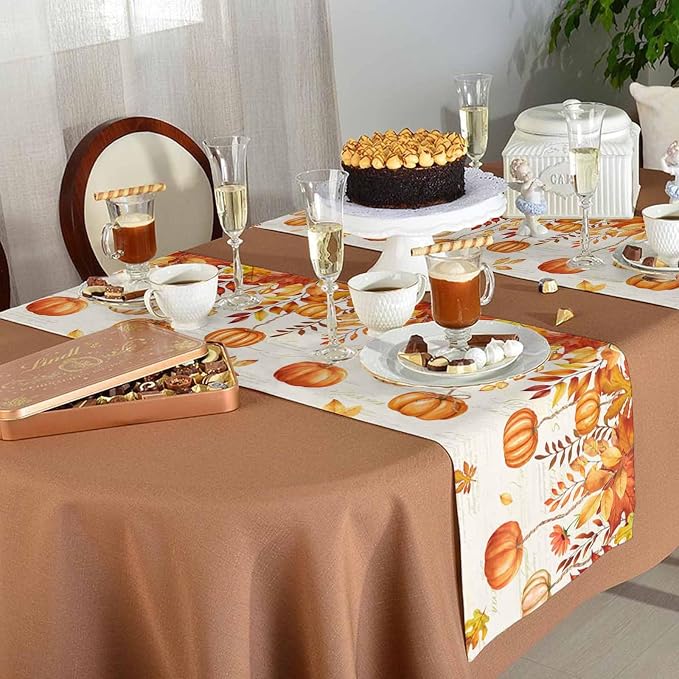Orange Pumpkin Fall Table Runner 120 Inches Long, Thanksgiving Maple Eucalyptus - Image 5