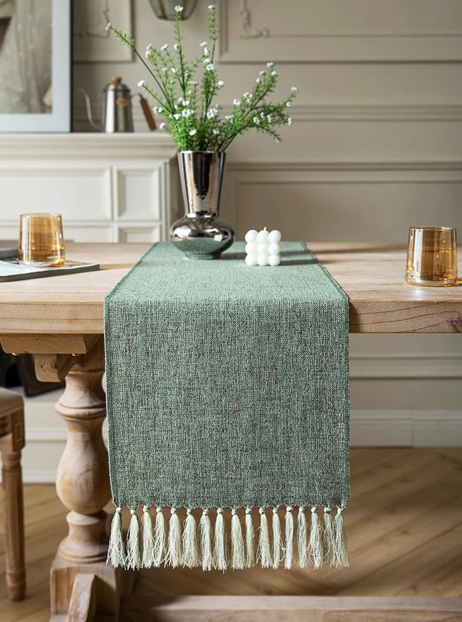 Green Table Runners 108 Inches Long, Burlap Linen Style Rustic Farmhouse Table - Image 2