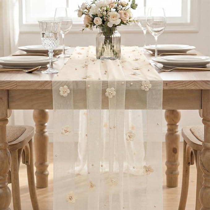 Artoid Mode Flower Pearl Champagne Gauze Table Runner 10FT 3PC, Seasonal Sheer - Image 2