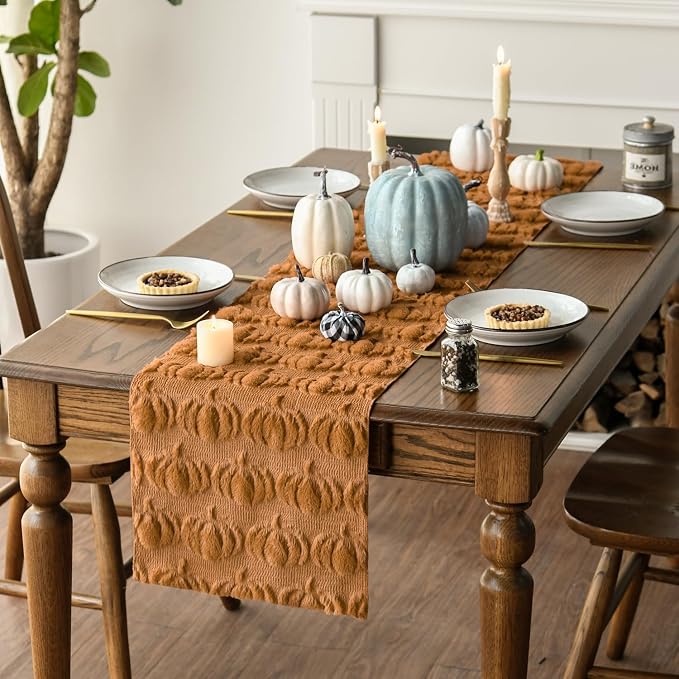 Artoid Mode Caramel Soft Faux Fur Pumpkins Fall Table Runner 13x60 Inch | - Image 3