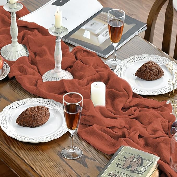 Artoid Mode Boho Cheesecloth Gauze Terracotta Wedding Table Runner, 160 Inch - Image 4