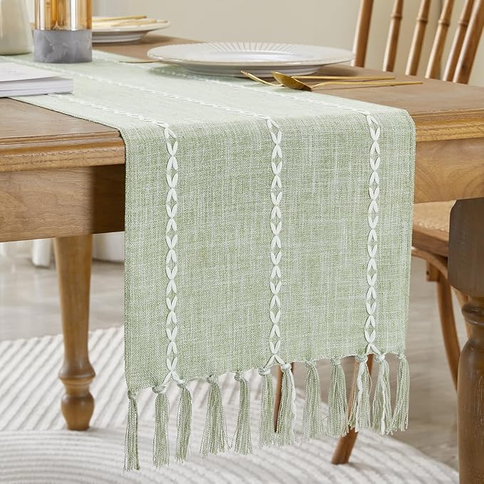 Wracra Rustic Linen Table Runner, Sage Green Table Runners 48 inches Long | by Wracra