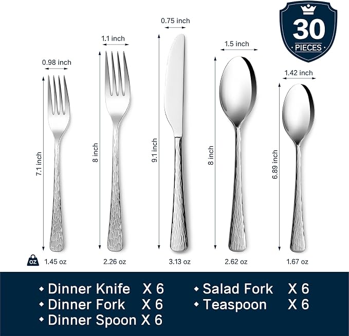 Silverware Set for 6, 30 Piece Flatware Set, 18/10 Stainless Steel | Hammered - Image 2
