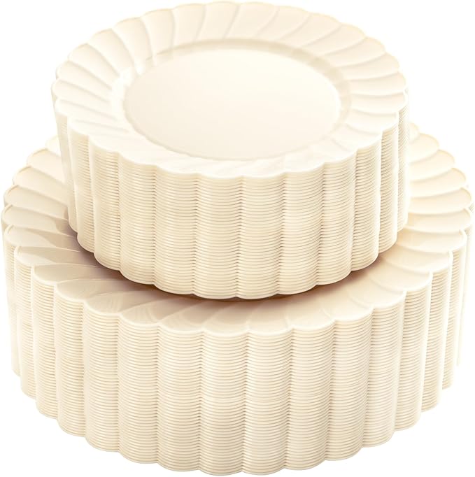 YOUBET 100PCS Ivory Scalloped Plastic Plates by YOUBET