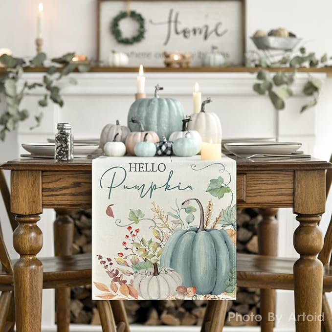 Artoid Mode 210 GSM Fall Table Runner 13x108 Inch Home Party Decor | Aqua Hello - Image 2
