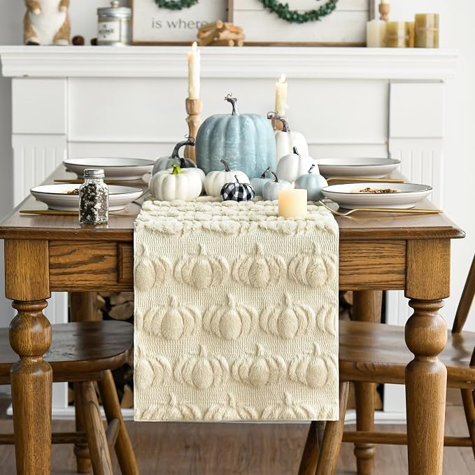 Artoid Mode Beige Soft Faux Fur Pumpkins Fall Table Runner 13x36 Inch | - Image 6