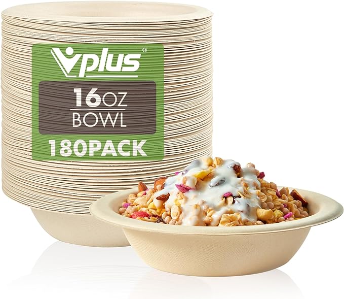 Vplus 200 Pack 16 OZ Compostable Paper Bowls, Bagasse Bowls，Nature | Disposable by Vplus