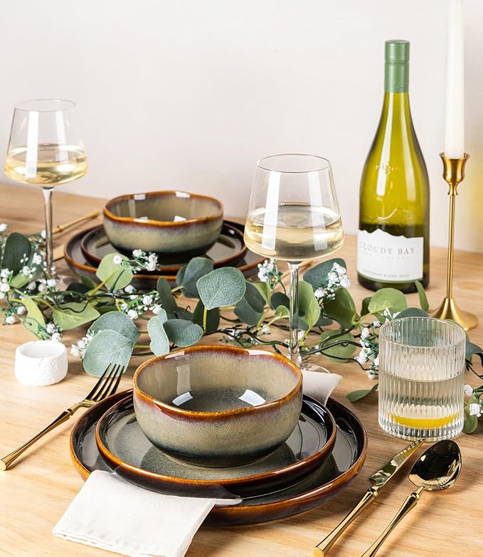 Ceramic Dinnerware Set for 4, 12-Piece Plates and Bowls Set | Handmade Reactive - Image 5