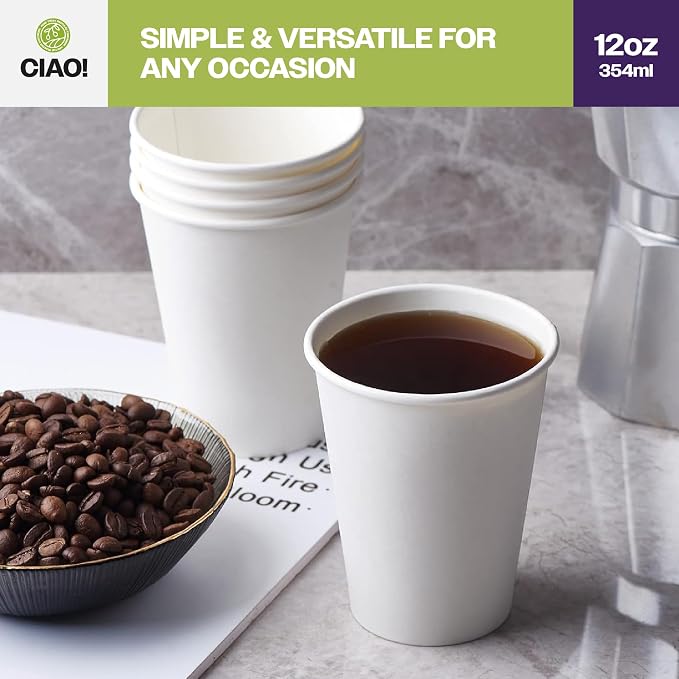 CIAO! 12oz White Paper Hot Cup, Disposable, 90mm Diameter 500 Count - Image 5