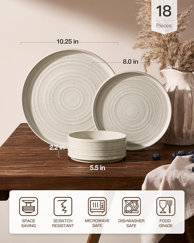 Stoneware Dinnerware Sets for 6, Reactive Glaze Plates & Bowls, Shell Beige | - Image 7