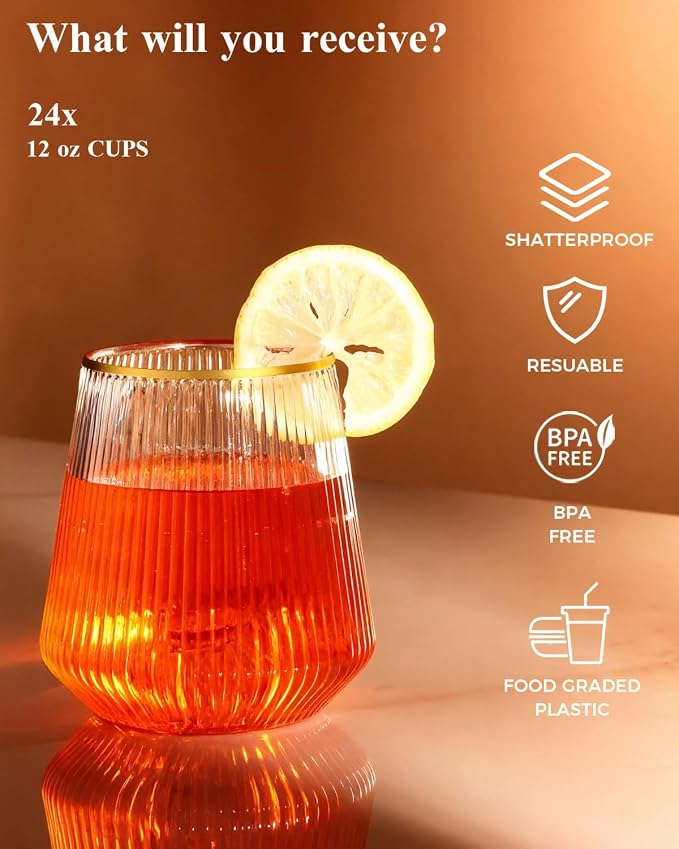 BESTSTAR 48Pack Gold Rim Disposable Ribbed Origami Ripple Plastic Glasses | 24 - Image 5