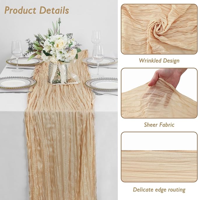 3 Pack Sand Cheesecloth Table Runner 120 Inch Boho Wedding Decor | Cheesecloth - Image 3