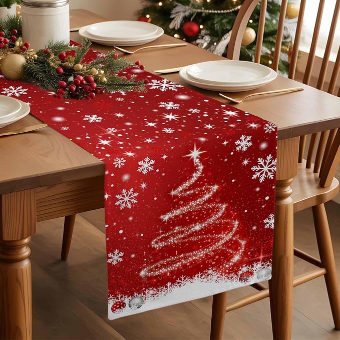 Red Christmas Table Runner 72 Inches Long, Xmas Tree Balls Snowflake Table - Image 3