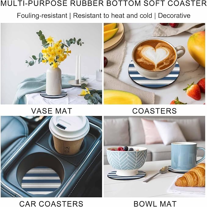 Navy Blue Grey Stripe Coasters Set of 4, Minimalist Farmhouse Striped Soft - Image 6