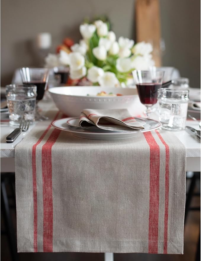 Solino Home 100% Pure Linen Table Runner, 14 x 144 in, French Stripe | Table by SolinoHome
