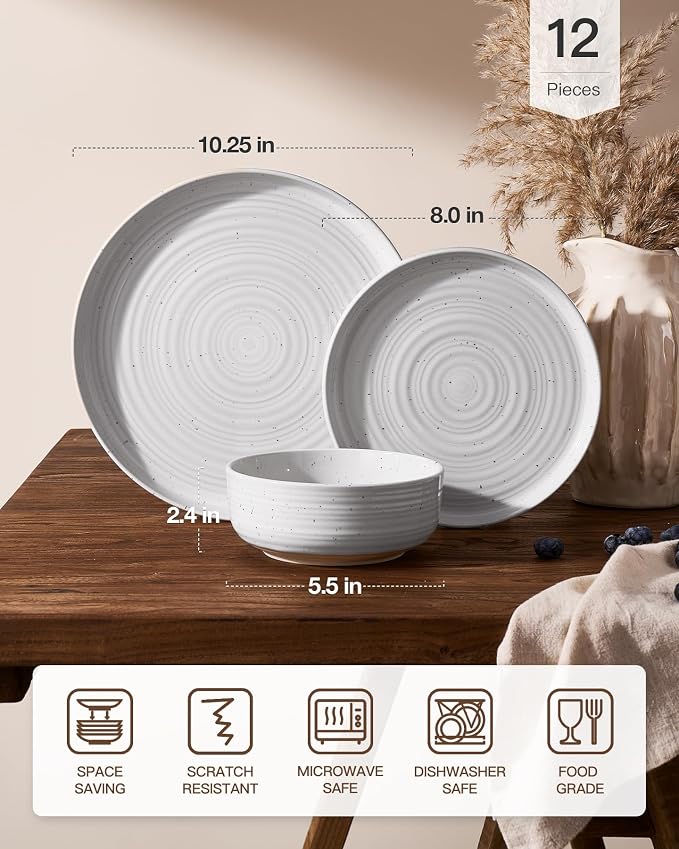 Stoneware Dinnerware Sets for 4, Coupe Plates & Bowls, Chip & Scratch Resistant - Image 6