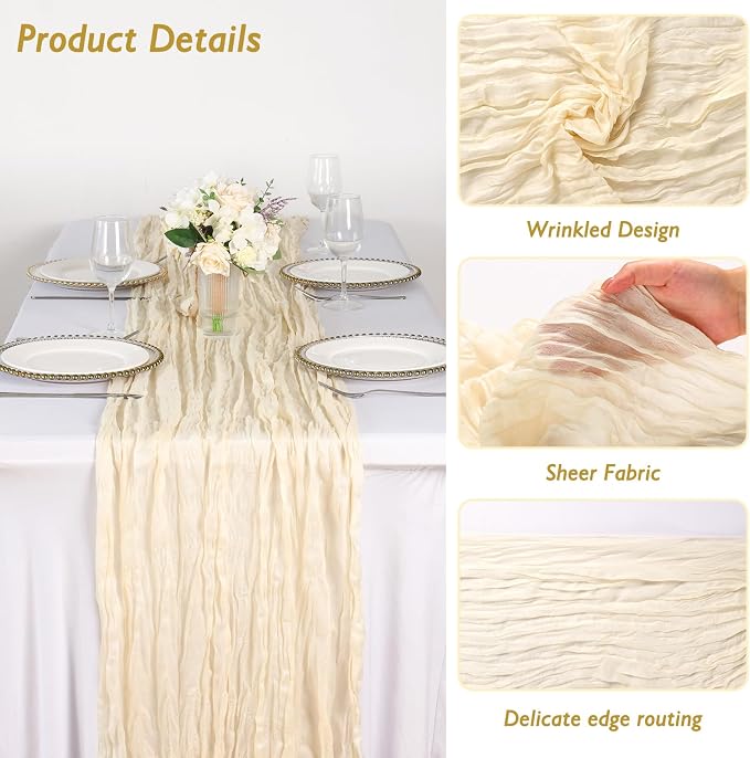 6 Pack Ivory Cream Cheesecloth Table Runner 120 Inch Boho Wedding Decor | - Image 3